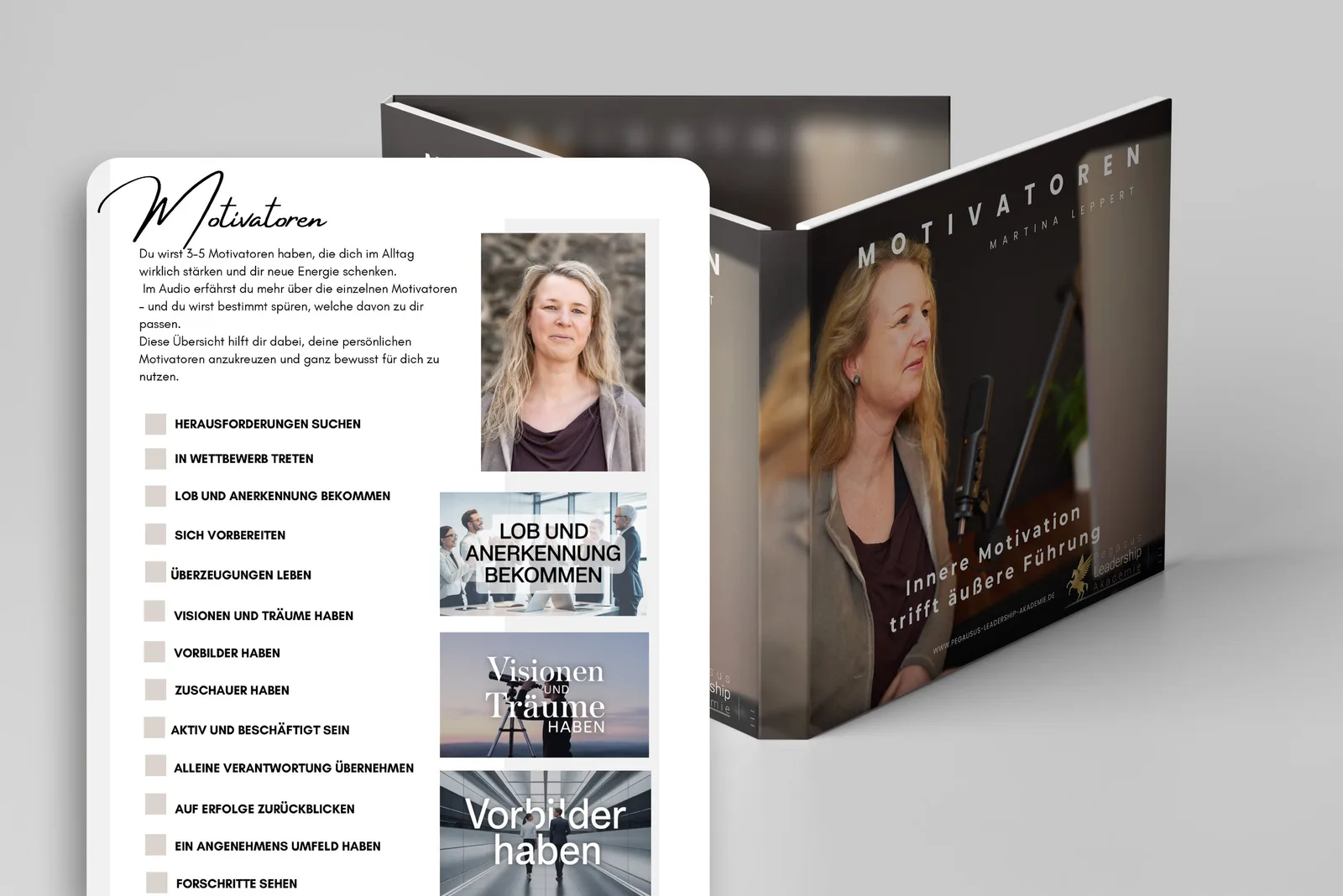 Mockup zeigt Coachingkarten-Bundle mit Übersicht der 12 Motivatoren und Frau mit blondem Haar, verschiedene Produkt-Cover im