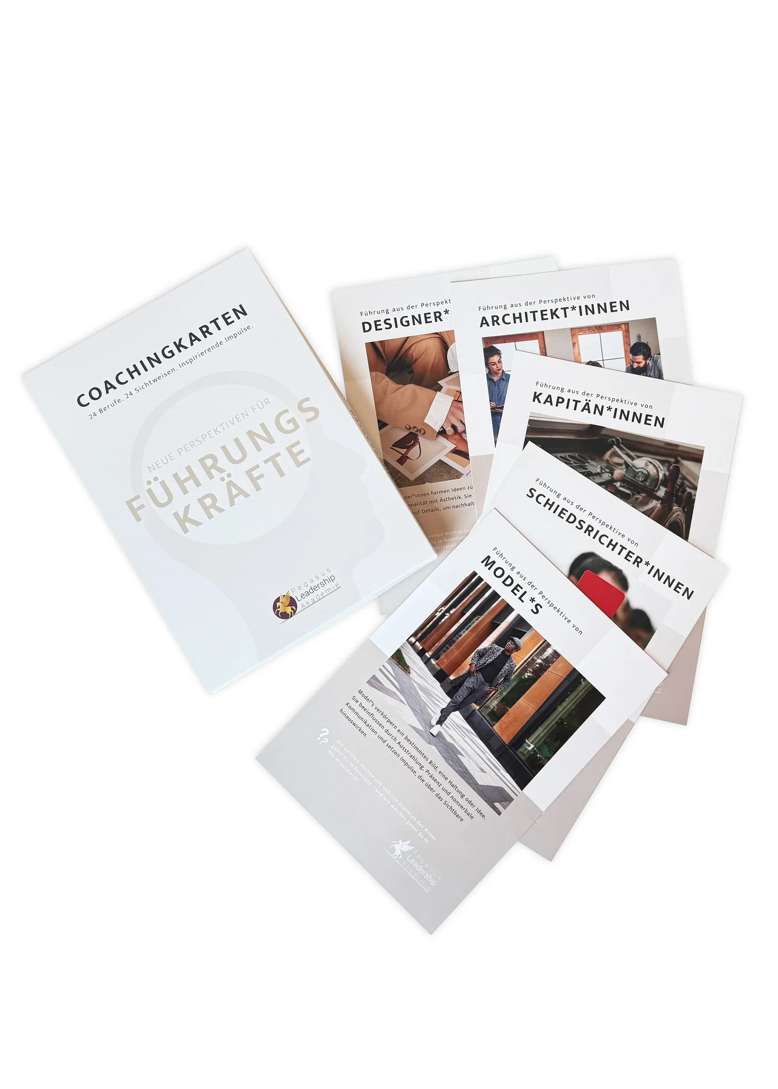 Flatlay von mehreren Broschüren und Coachingkarten zu verschiedenen Berufen wie Designer, Architekten, Kapitan, Schiedsrichte