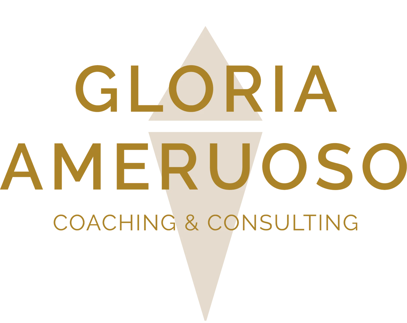 Logo GLORIA AMERUOSO Coaching & Consulting mit goldenem Text und geometrischem Diamant-Symbol