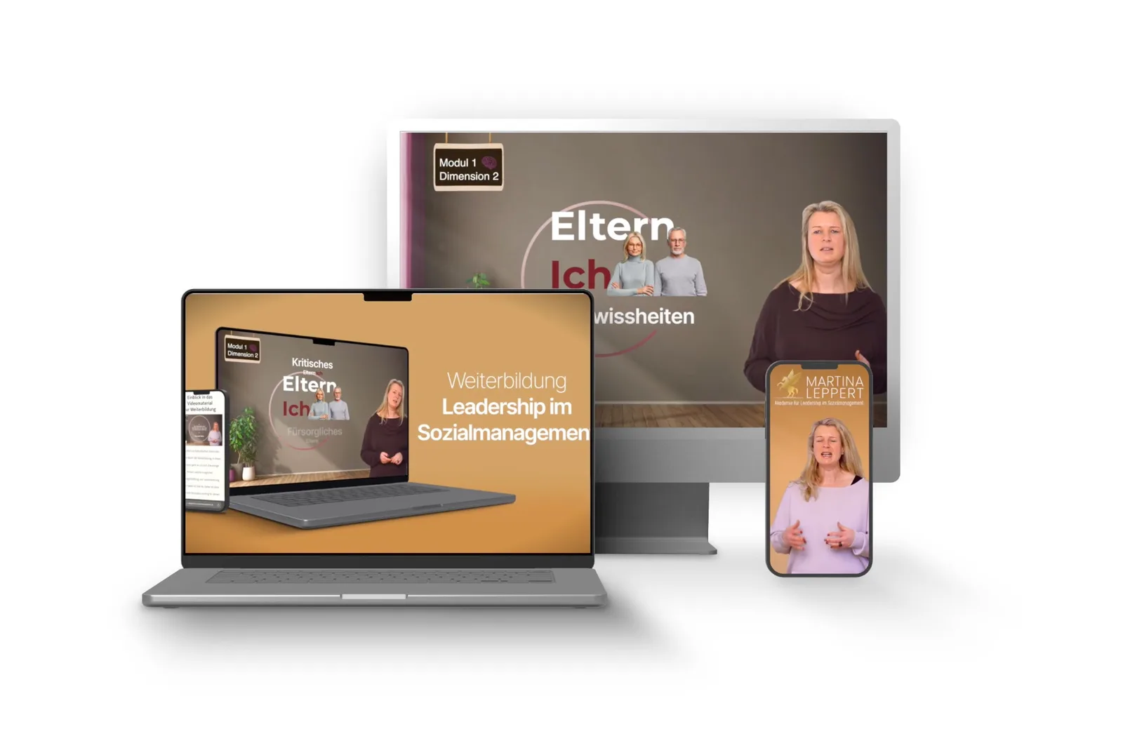 Mockup von Online-Kurs mit Laptop, Monitor und Smartphone zeigt Coaching-Videos und Frau in lila Pullover