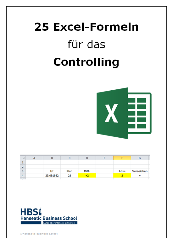 eBook-Cover 25 Excel-Formeln für das Controlling mit Excel-Icon und Beispiel-Tabelle