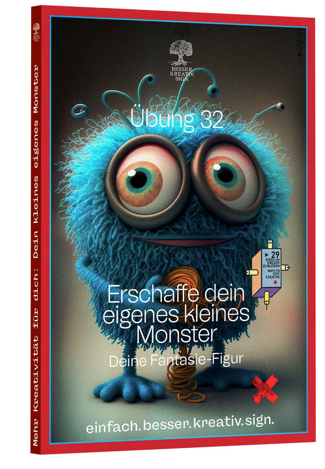29 Wege Micro-Abenteuer – E-Book mit Mikroabenteuer-Ideen 5 Cover Kleines Monster mit blaues, flauschiges Fantasie-Wesen mit großen Augen und Tentakeln