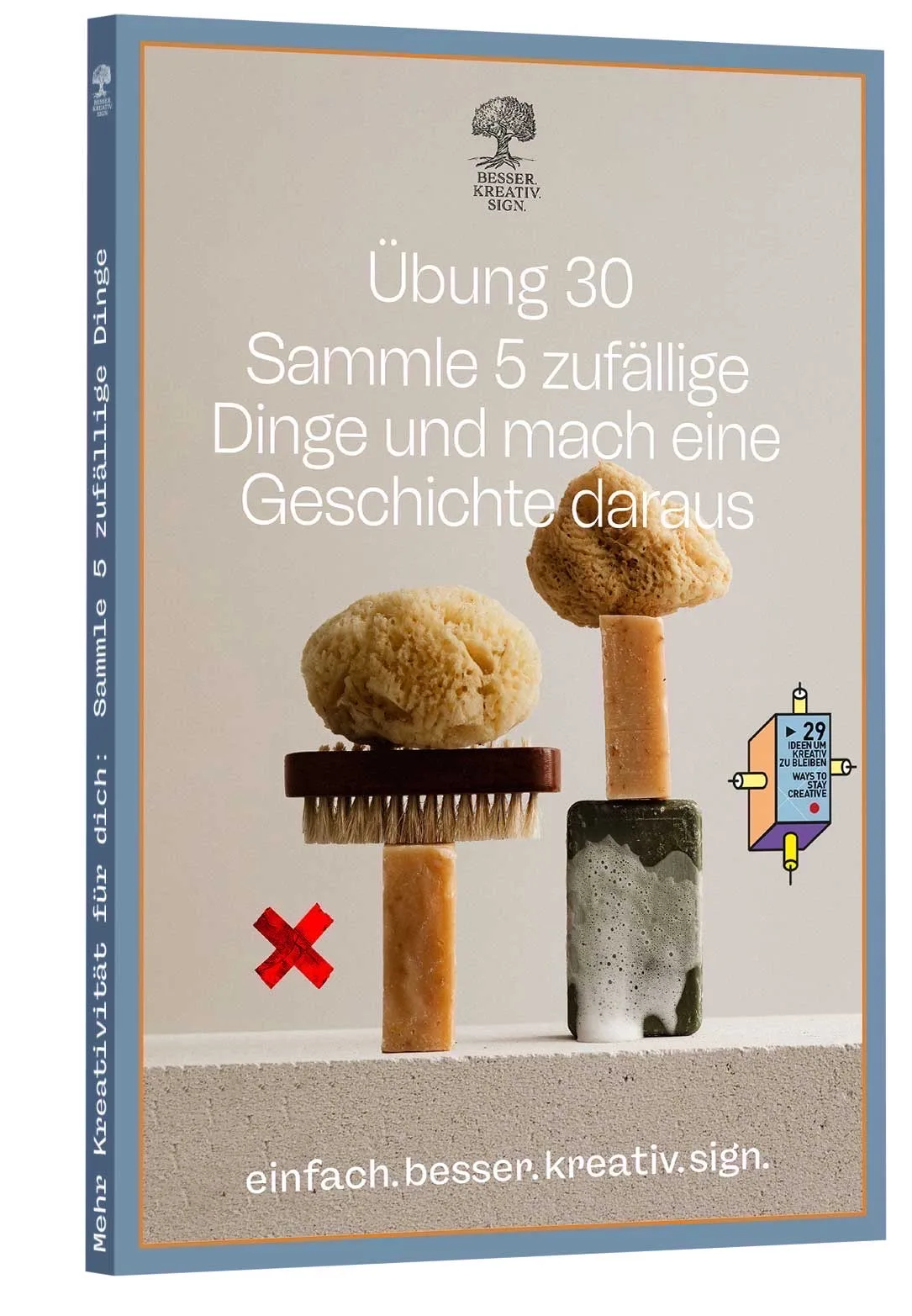 29 Wege Micro-Abenteuer – E-Book mit Mikroabenteuer-Ideen 6 Cover Sammle 5 zufällige Dinge mit surrealer Komposition aus Schwamm, Bürste, Pilz und Betonblock