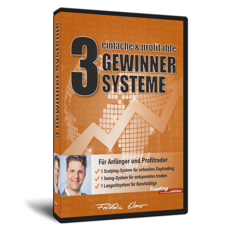 DVD-Cover 3 einfache & profitable Gewinner Systeme mit orange Farbgestaltung, Aufwärtstrend-Grafik und Porträt des Autors