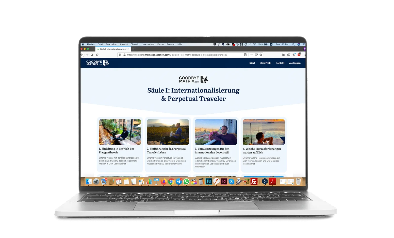 3 Säulen der finanziellen & räumlichen Freiheit – Vermögenskurs 4 Screenshot Kursseite mit Heading Säule I: Internationalisierung & Perpetual Traveler, vier Kacheln mit Inhalten und Bildern
