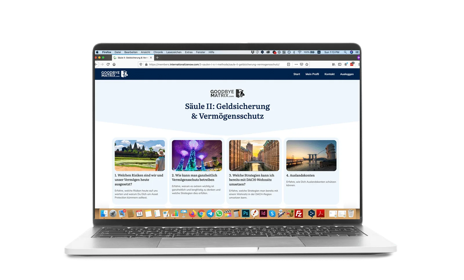 3 Säulen der finanziellen & räumlichen Freiheit – Vermögenskurs 5 Screenshot Kursseite mit Heading Säule II: Geldsicherung & Vermögensschutz, vier Kacheln mit Inhalten und Bildern