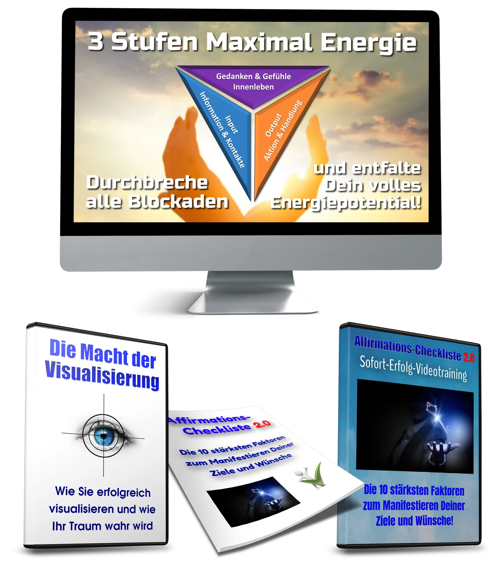 3-Stufen-Maximalenergie – Videokurs für mehr Energie 8 Monitor zeigt 3-Stufen-Maximal-Energie-Kurs mit Bonusmaterialien: Visualisierungs-Guide und Affirmations-Checkliste