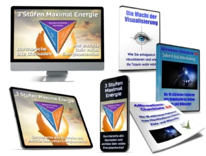 Produktpaket-Mockup 3-Stufen-Maximalenergie mit Monitor, Tablet, Smartphone, Ratgeber und Videokurs-DVD