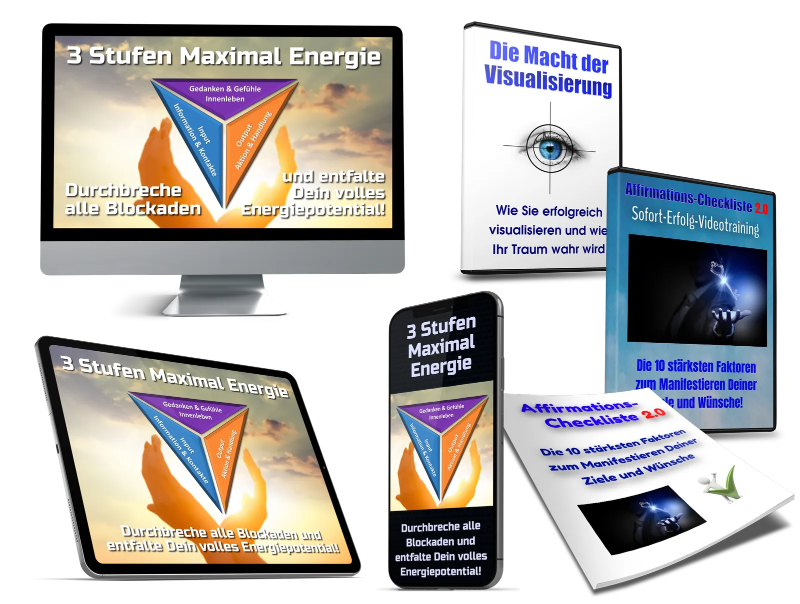 3-Stufen-Maximalenergie – Videokurs für mehr Energie 1 Produktpaket-Mockup 3-Stufen-Maximalenergie mit Monitor, Tablet, Smartphone, Ratgeber und Videokurs-DVD