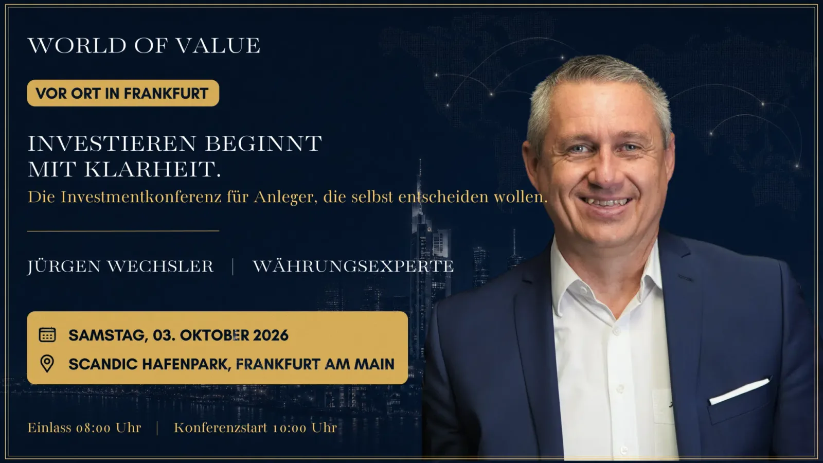 Einladungsplakat zur World of Value Konferenz in Frankfurt mit Jürgen Wechsler als Redner
