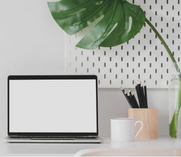 Minimalistischer Schreibtisch mit Laptop, Pflanzen und Kaffeetasse