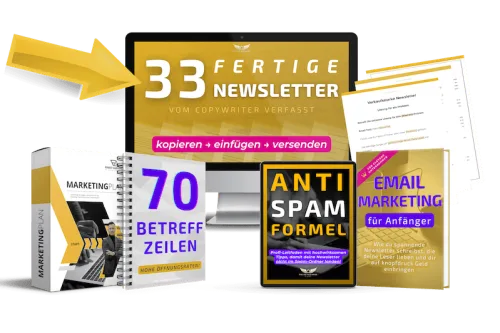 Produktabbildung: Newsletter-Bundle mit Laptop-Mockup, Notizbuch und Begleitprodukte