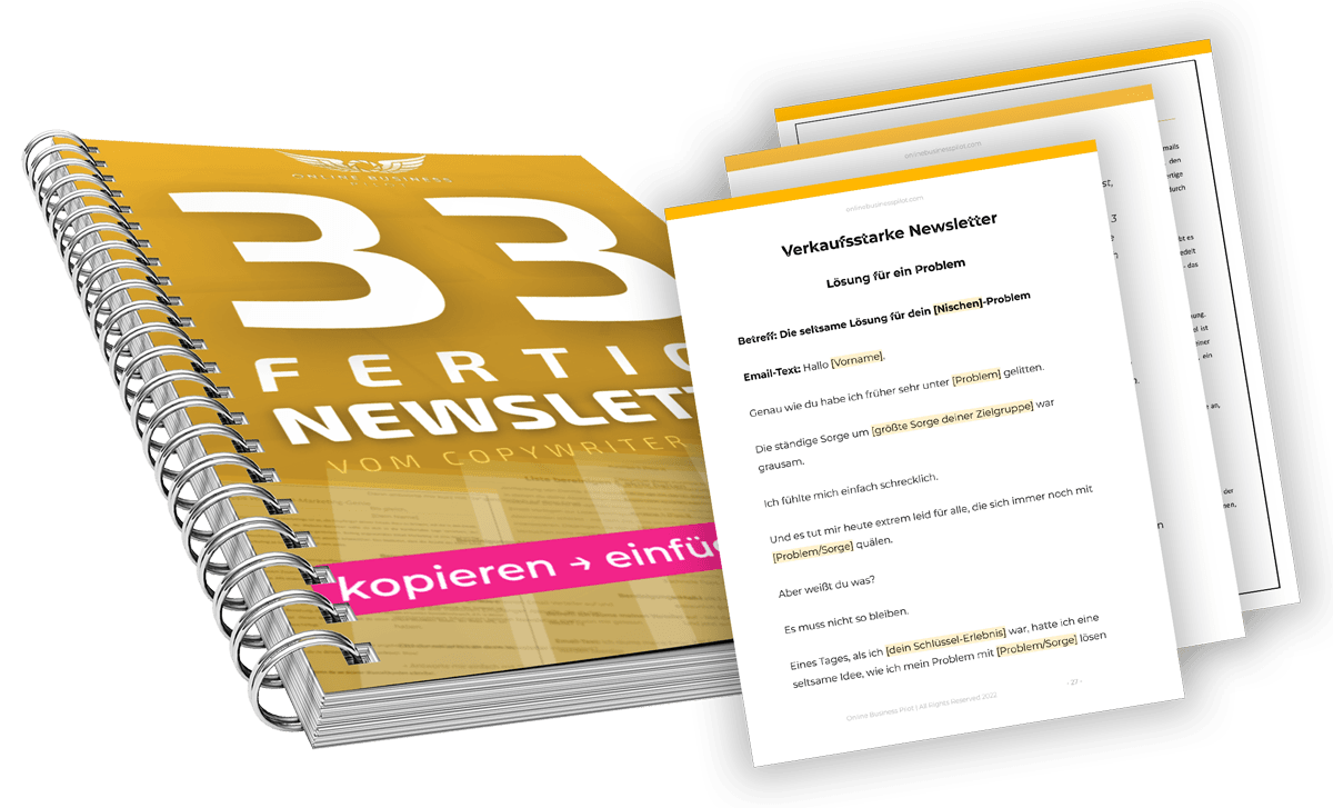 Spiralgebundene Dokumentensammlung und Blätter mit Newsletter-Vorlagen-Beispielen