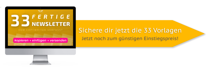 Goldener Banner mit Laptop-Mockup: 33 fertige Newsletter – Sichere dir jetzt die 33 Vorlagen