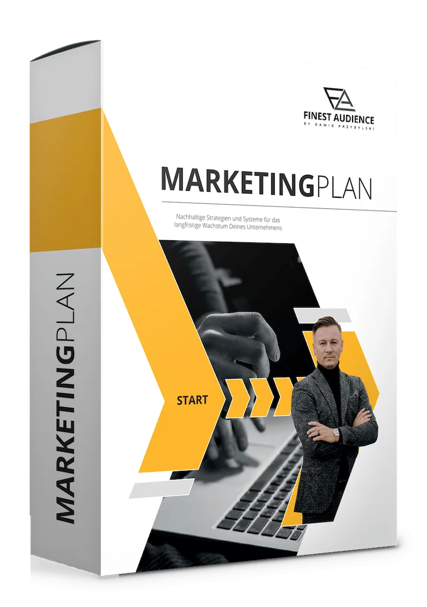 Marketing-Plan Box von Finest Audience – weißer Hintergrund mit Pfeilen und Geschätsmann
