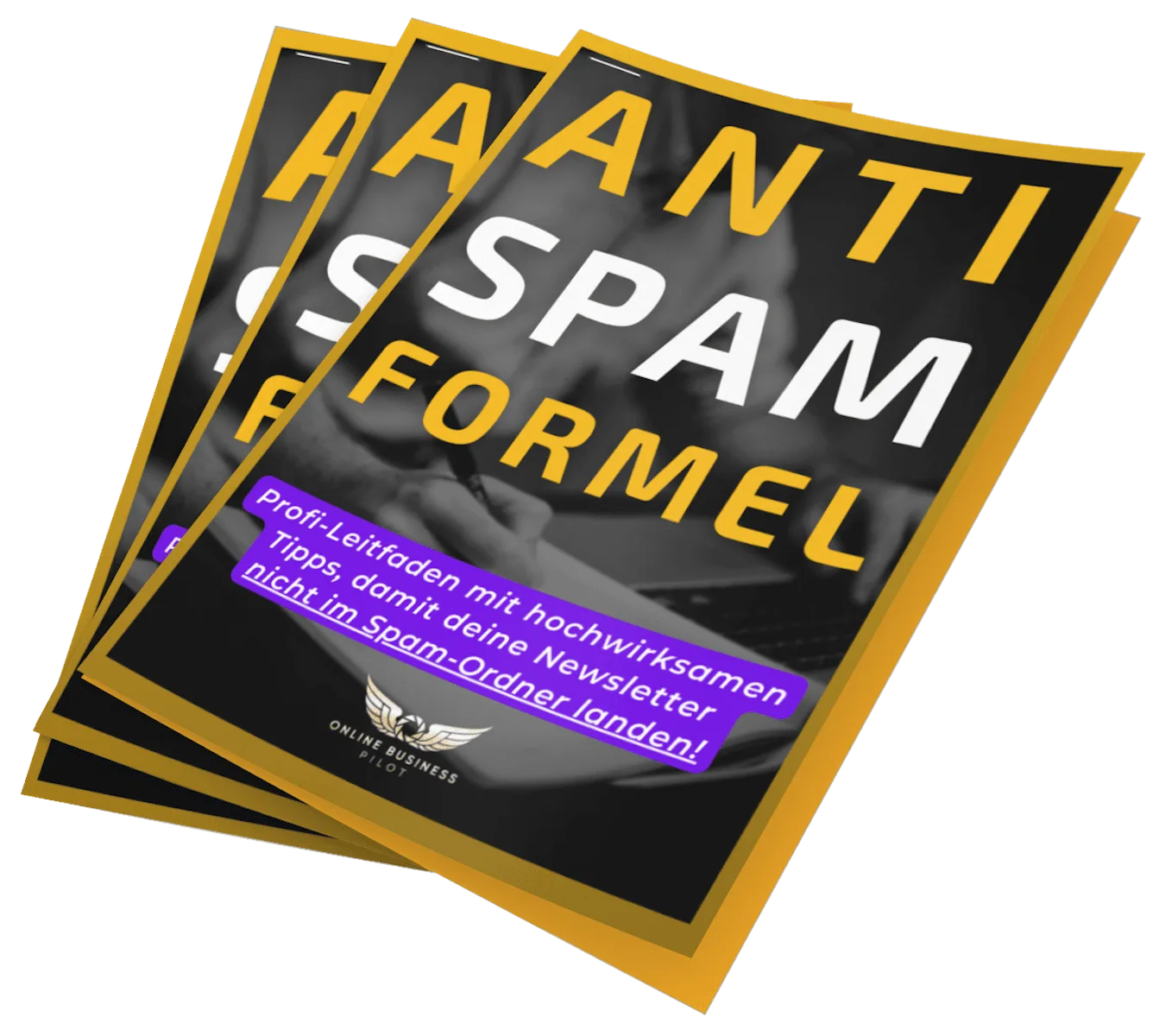 Drei gestapelte Broschüren mit goldener Umrandung – Anti Spam Formel