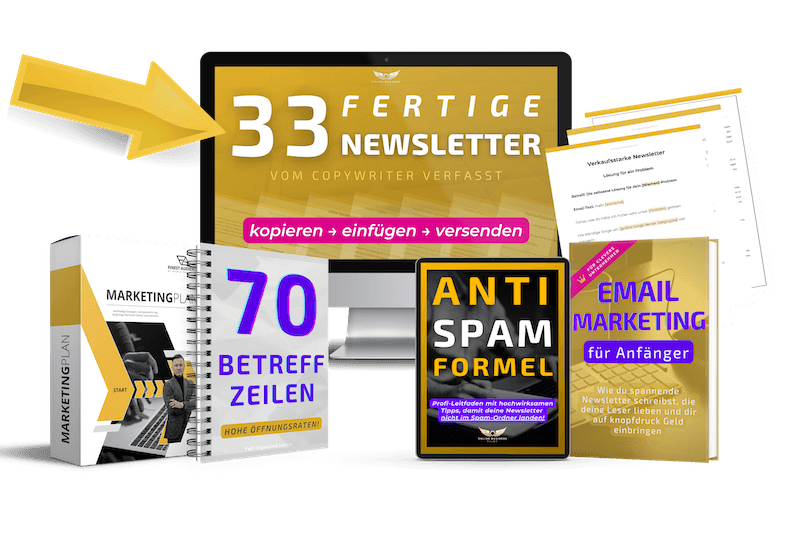 Newsletter-Bundle mit 33 fertigen Email-Vorlagen, Pfeile, Laptop-Mockup und Begleitprodukte