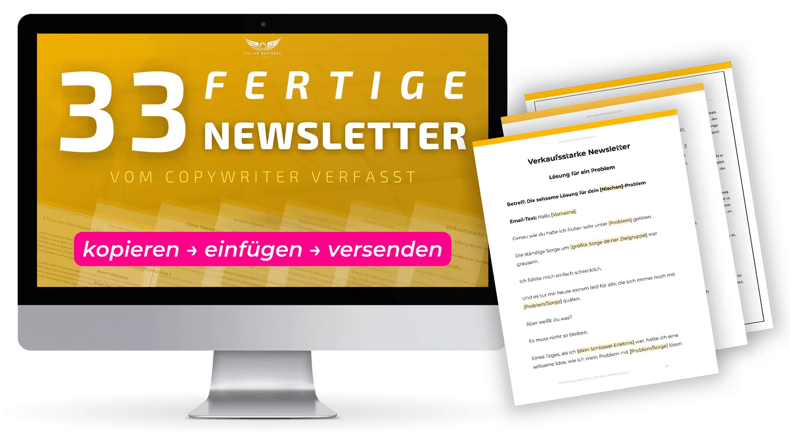 Mockup des Newsletter-Bundles mit Monitor, zeigt 33 fertige Newsletter-Vorlagen vom Copywriter verfasst, goldener Hintergrund