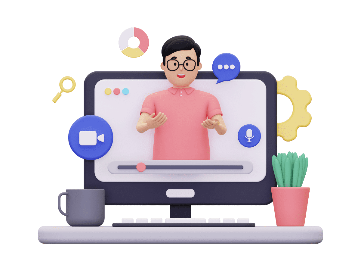 Mann in rosa Hemd auf Monitor-Bildschirm mit Video-Call und Chat-Icons
