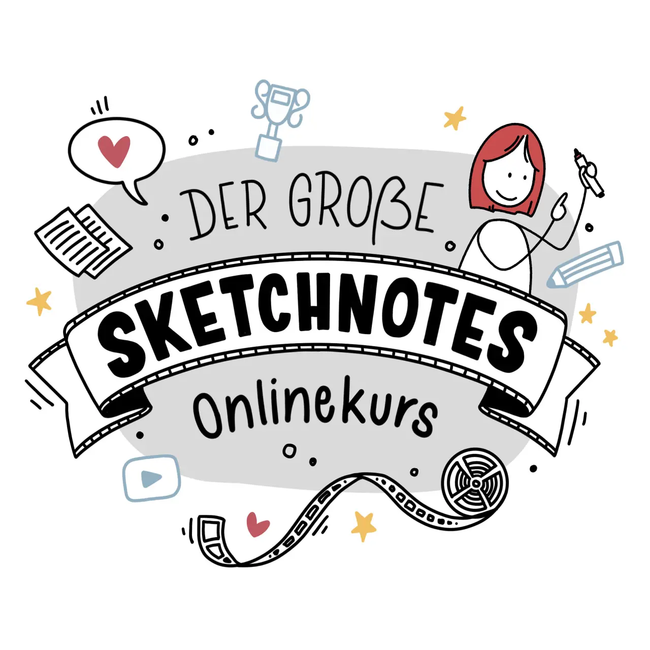 Illustriertes Logo für den großen Sketchnotes Onlinekurs mit Frauenfigur und Icons