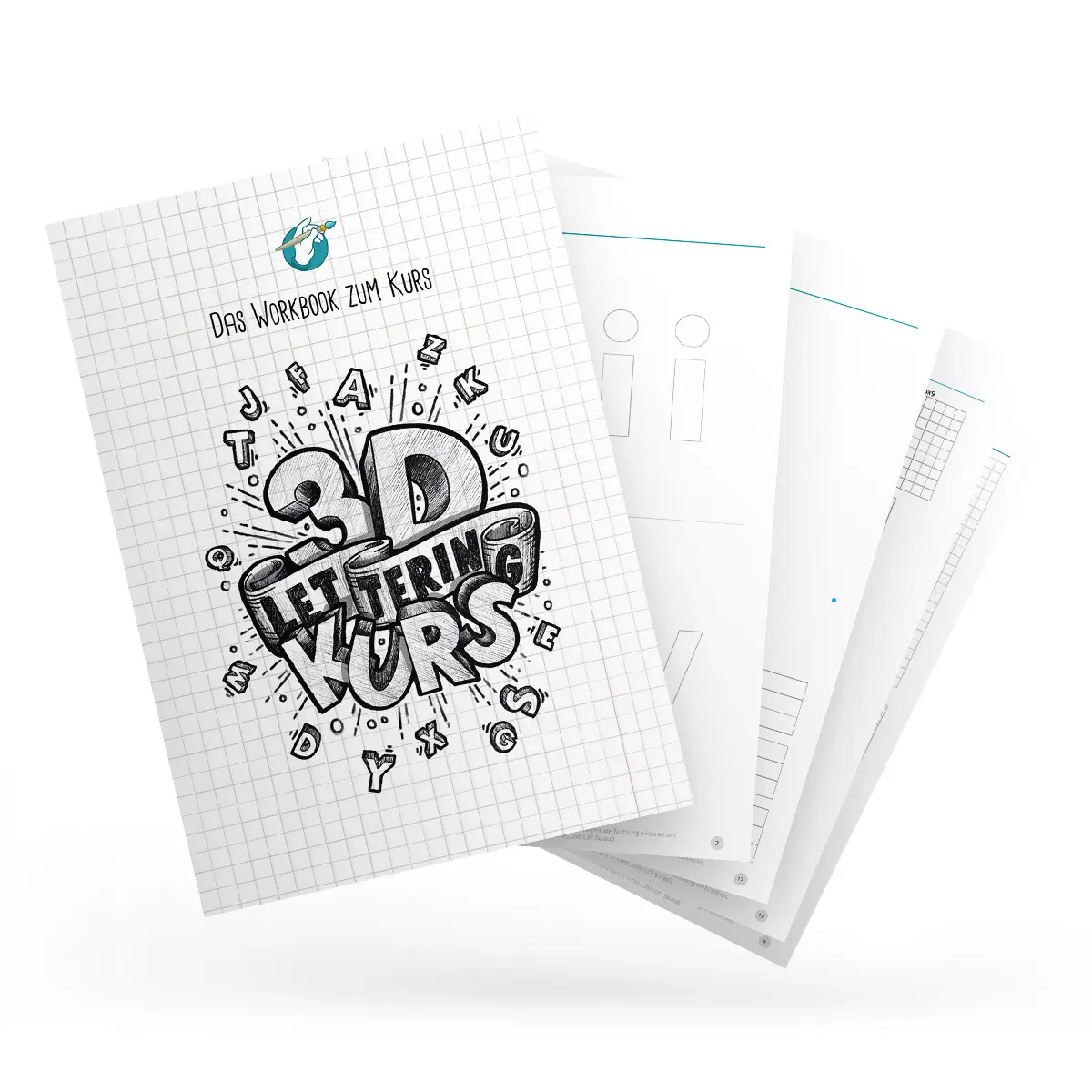 Das Workbook zum 3D Lettering Kurs mit illustriertem Cover und mehreren Innenseiten