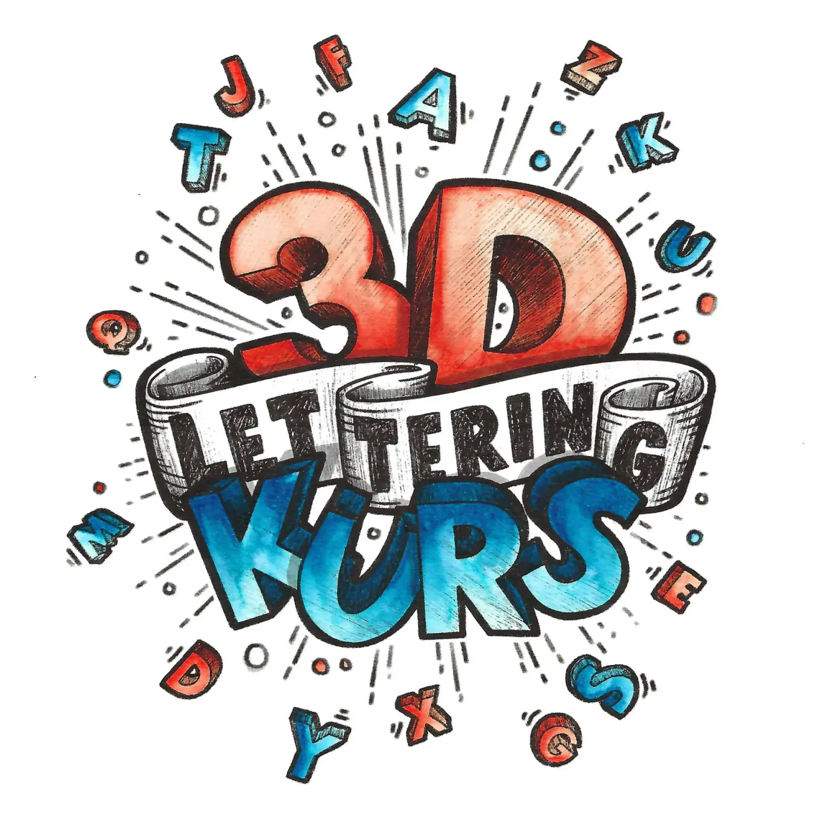 3D Lettering Kurs Produktabbildung mit roten und blauen 3D-Buchstaben
