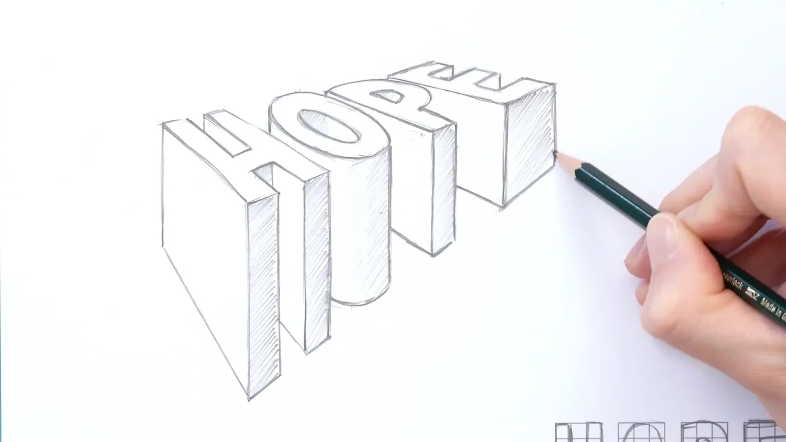 Bleistiftzeichnung 3D-Buchstaben IMPORT mit Perspektiv-Hilfsmitteln