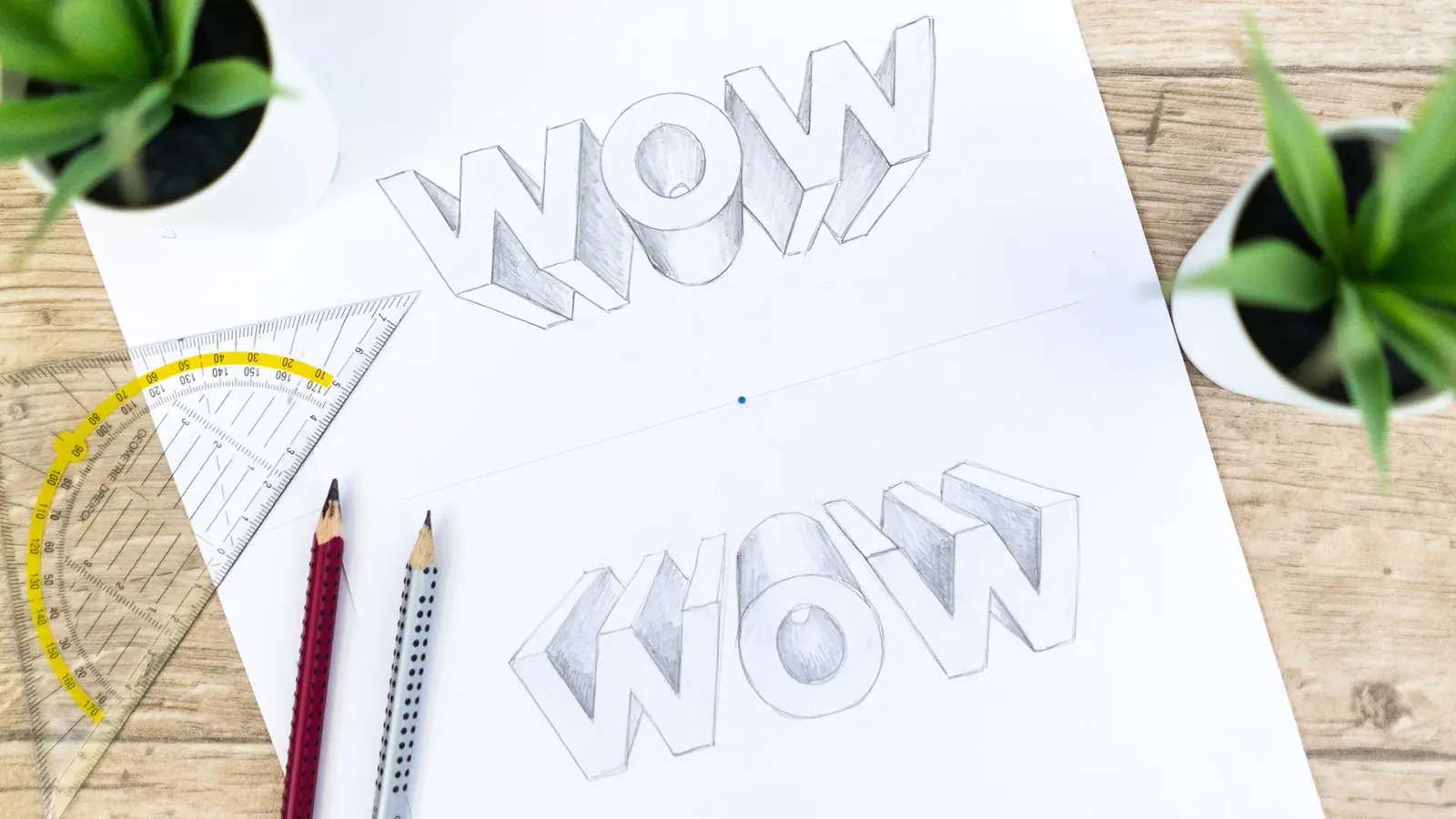 Skizzen von 3D-Buchstaben WOW mit Perspektivlinien und Messlineal