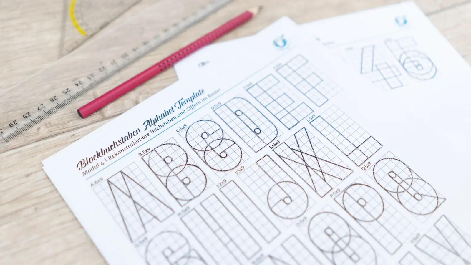 Lernmaterial mit Alphabet-Vorlagen und Konstruktionsraster für 3D-Buchstaben