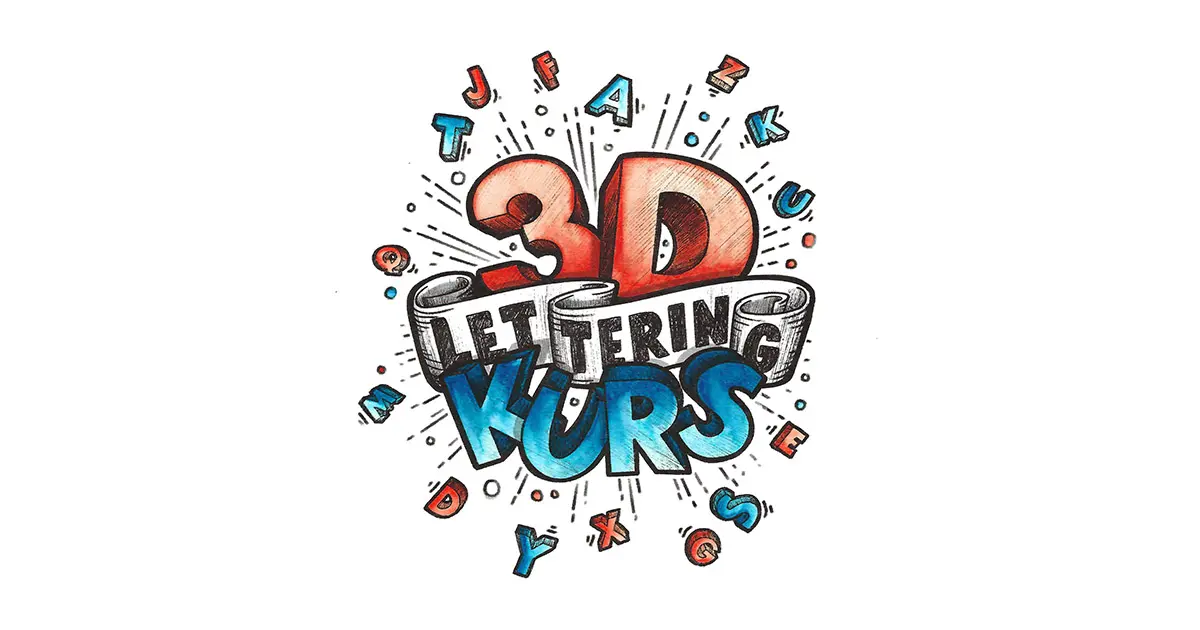 3D Lettering Kurs Titelbild mit bunten Buchstaben und Symbolen