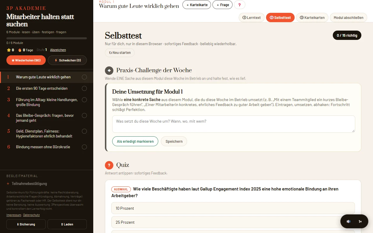 Kurs-Player, Kurs 01, Modul 1: Selbsttest mit Praxis-Challenge der Woche und Quiz