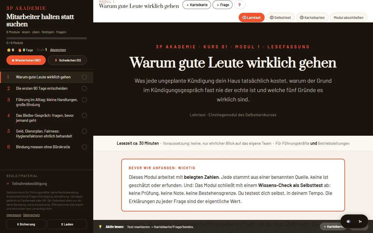 Kurs-Player, Kurs 01 Mitarbeiter halten statt suchen, Modul 1: Lerntext mit Modulübersicht links