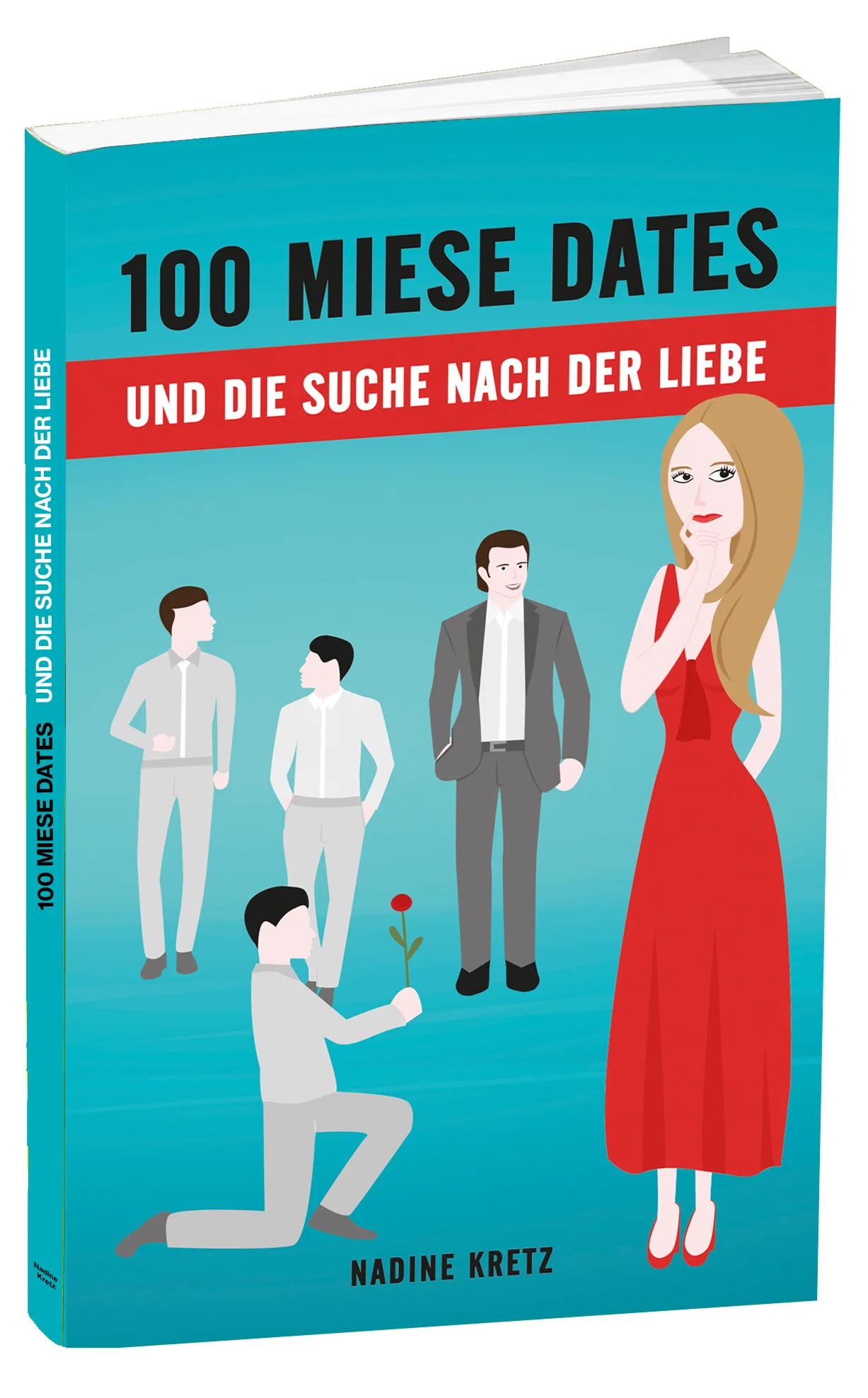 Buchcover 100 Miese Dates mit türkisem Hintergrund und Frau im roten Kleid
