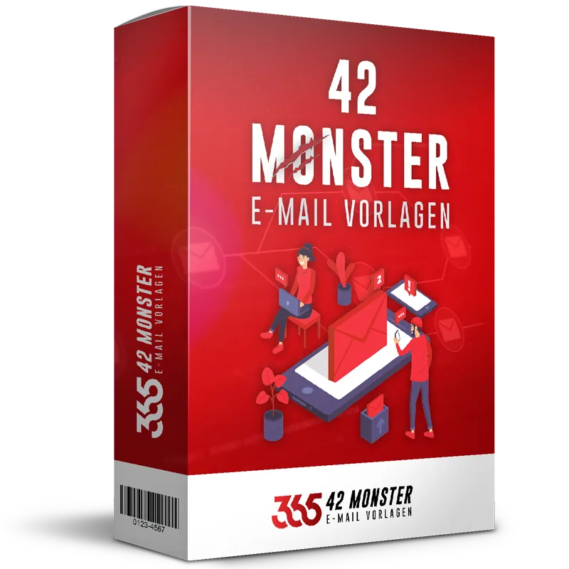 42 Monster E-Mail Vorlagen – E-Book fürs Newsletter-Marketing 1 Produktbox 42 Monster E-Mail Vorlagen mit rotem Design, isometrischer Illustration von Menschen am Laptop und Posteingang-Sym