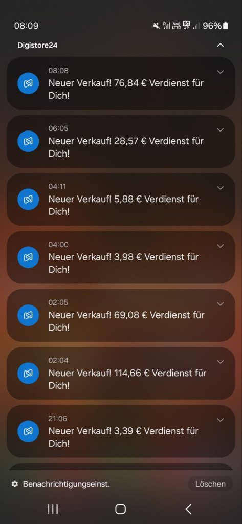 42 Monster E-Mail Vorlagen – E-Book fürs Newsletter-Marketing 8 Smartphone-Screenshot Digistore24 Benachrichtigungen mit mehreren Verkaufsbestätigungen zwischen 3,98 und 114,66 Euro