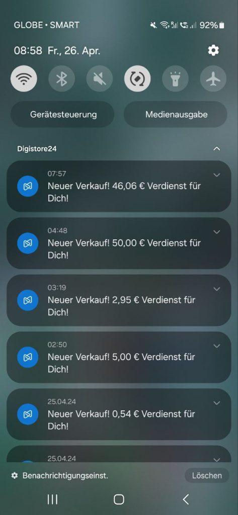 42 Monster E-Mail Vorlagen – E-Book fürs Newsletter-Marketing 9 Smartphone-Screenshot mit Digistore24 Verkaufs-Benachrichtigungen, mehrere Provisionsbestätigungen sichtbar