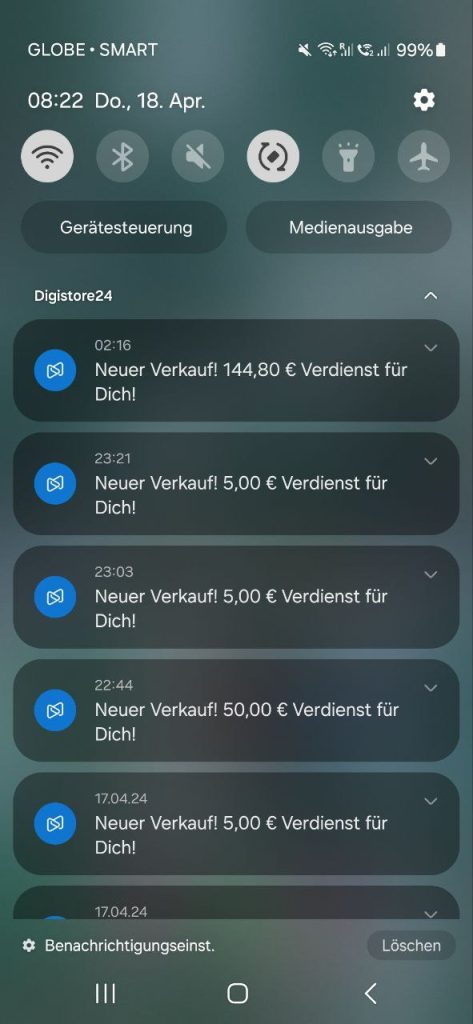 42 Monster E-Mail Vorlagen – E-Book fürs Newsletter-Marketing 10 Smartphone-Screenshot Digistore24 mit mehreren Benachrichtigungen über erfolgte Verkäufe und Provisionen