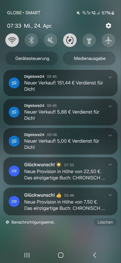 42 Monster E-Mail Vorlagen – E-Book fürs Newsletter-Marketing 11 Smartphone-Screenshot mit Digistore24 und CoppeCart Benachrichtigungen, mehrere Provisionen und Verkaufsbestätigungen