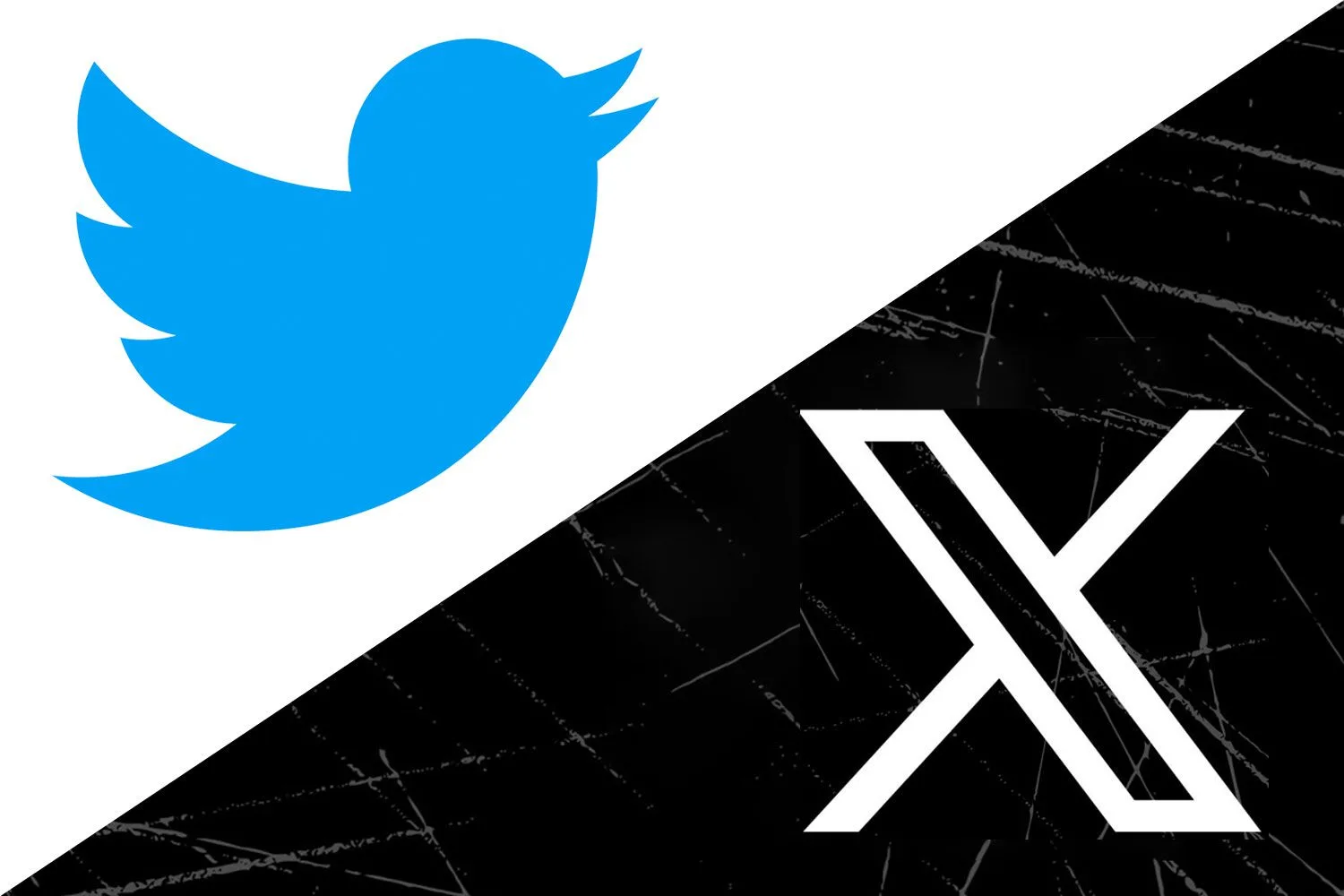 Twitter und X Logo Vergleich: blauer Vogel links, weißes X-Symbol rechts auf schwarzem strukturiertem Hintergrund