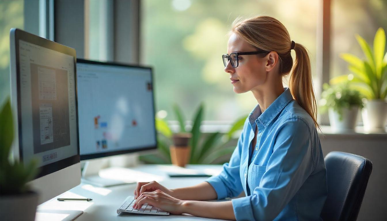 Frau mit Brille arbeitet an Dual-Monitor-Setup im Büro