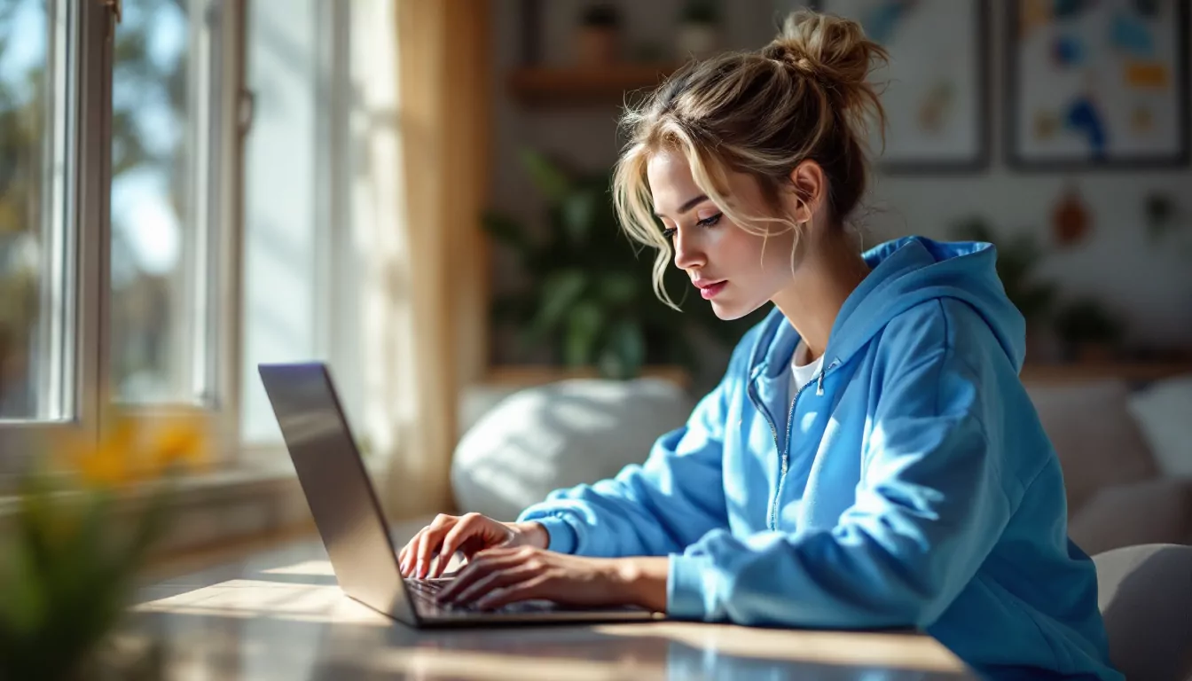 Frau in blauem Hoodie arbeitet konzentriert am Laptop