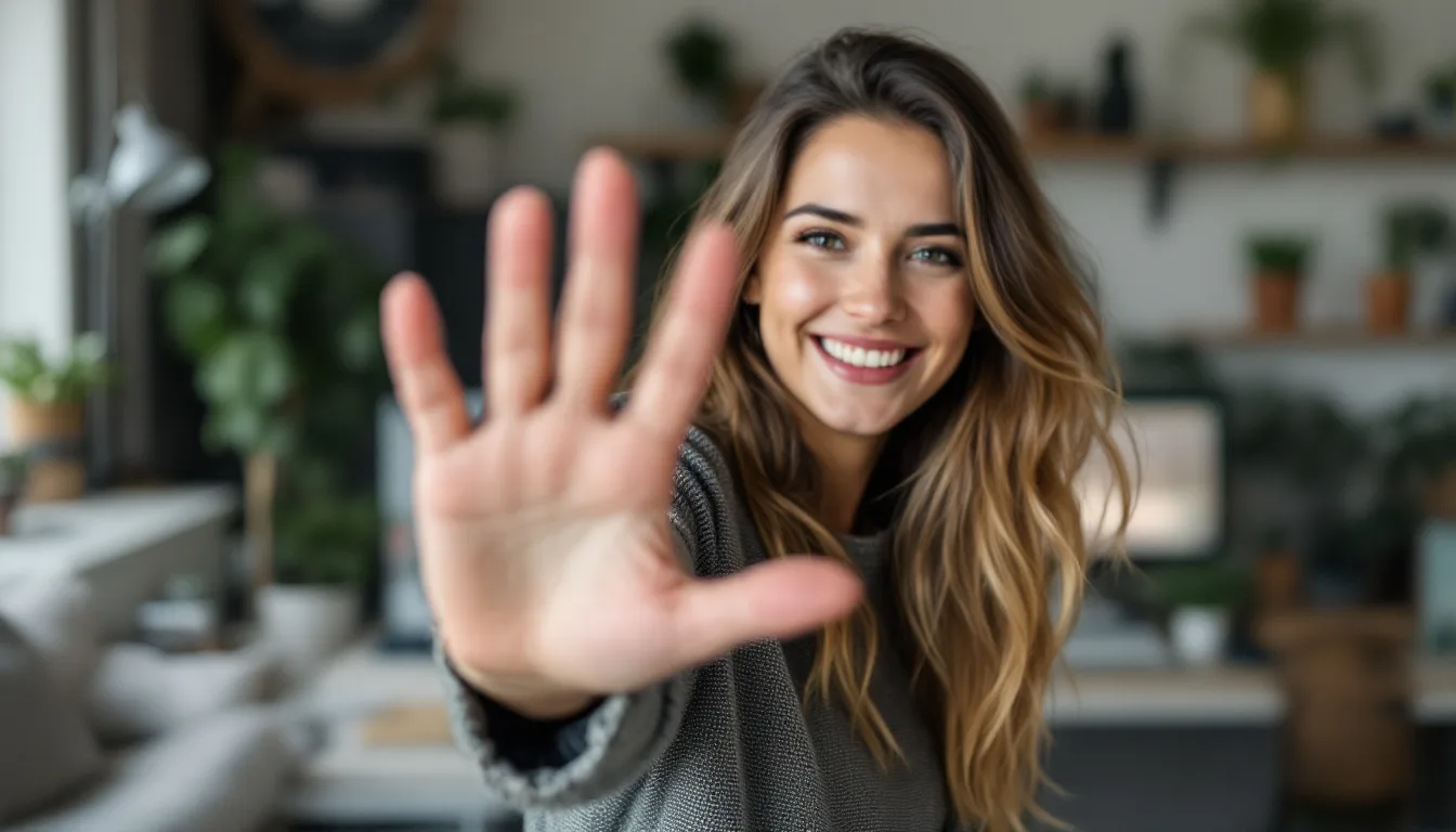 Lächelnde Frau mit erhobener Hand im modernen Büro