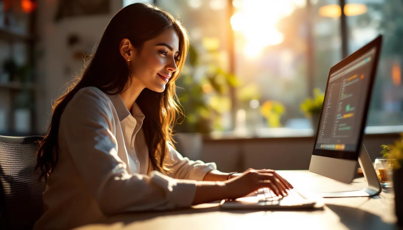 Frau am Monitor mit Daten-Dashboard bei Sonnenuntergang