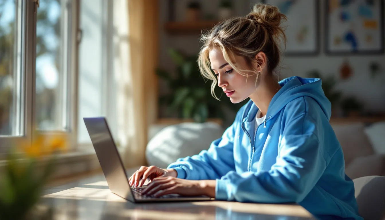 Frau in blauem Hoodie arbeitet konzentriert am Laptop