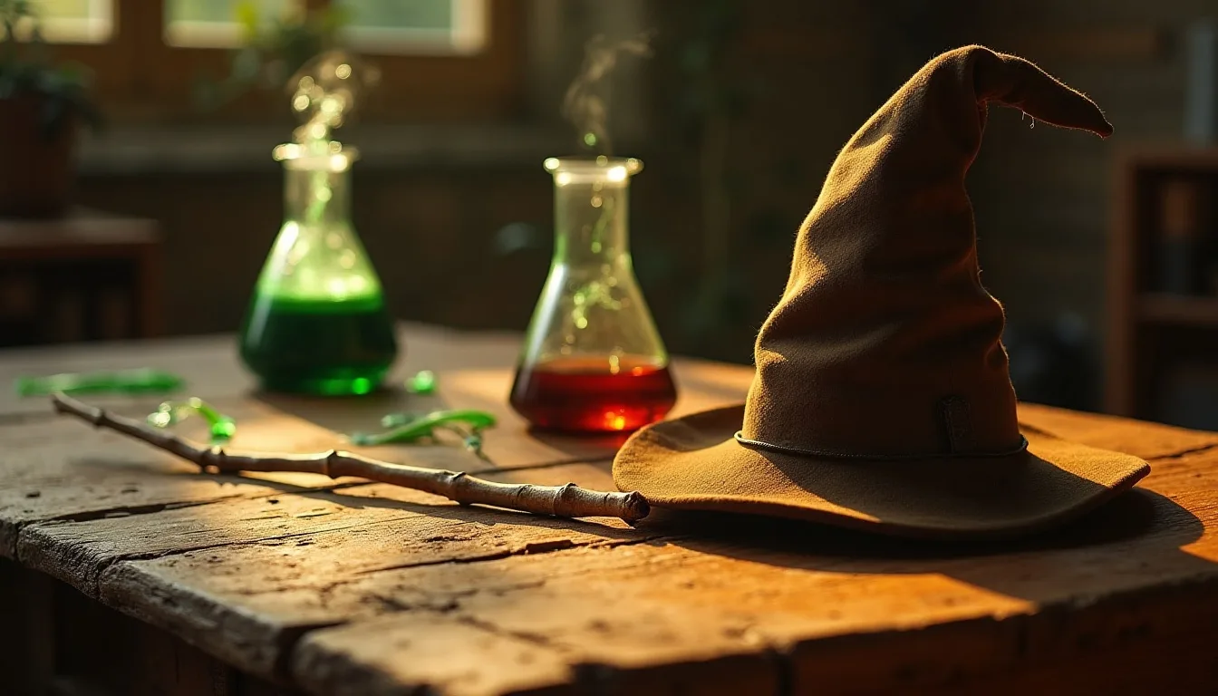 Chemikalien-Flaschen und Zauberhut auf dunklem Holztisch