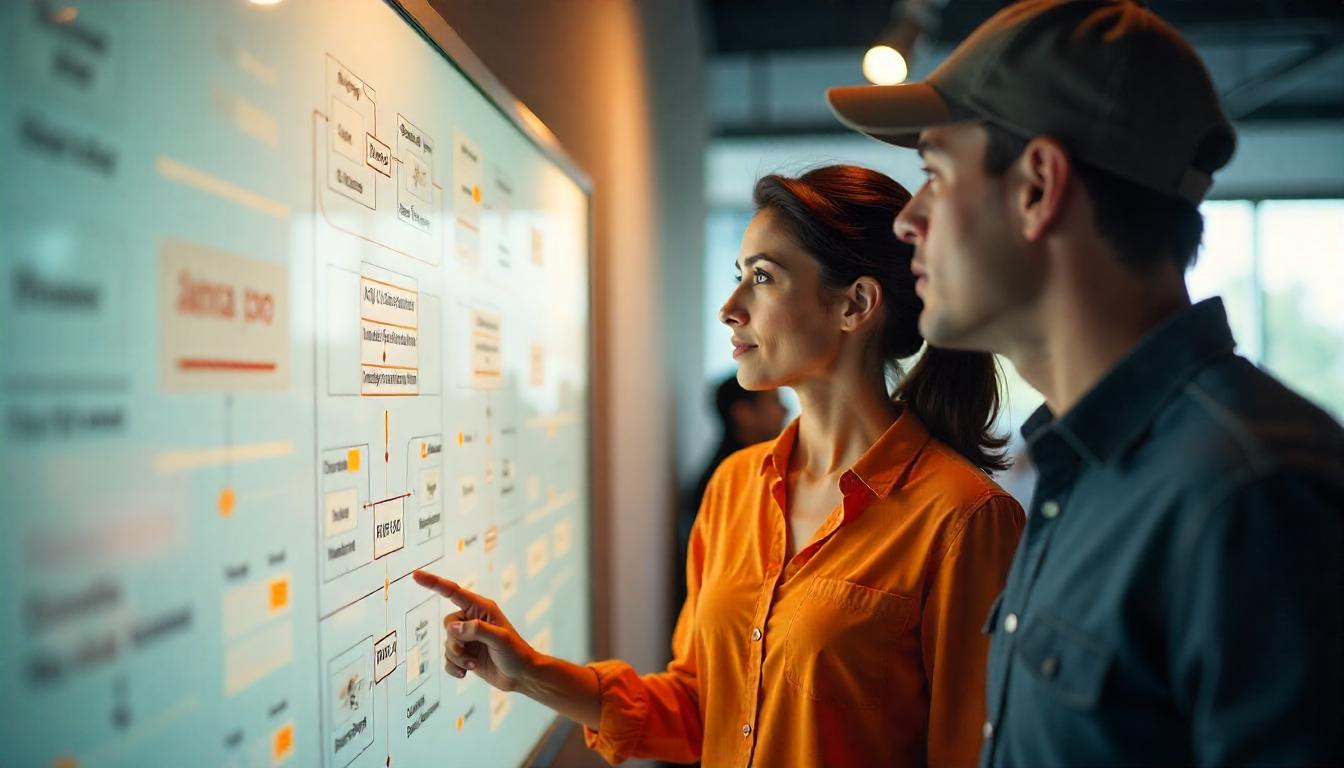 Zwei Personen betrachten Workflow-Diagramm an Glaswand