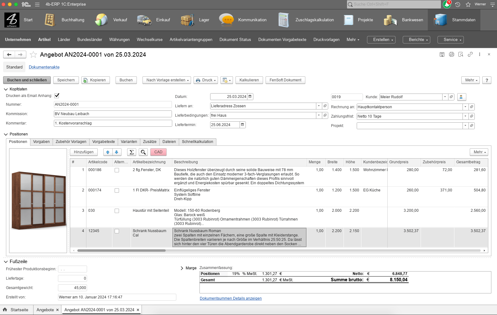 4b ERP 1C Enterprise Screenshot mit Angebot und Produktdetails