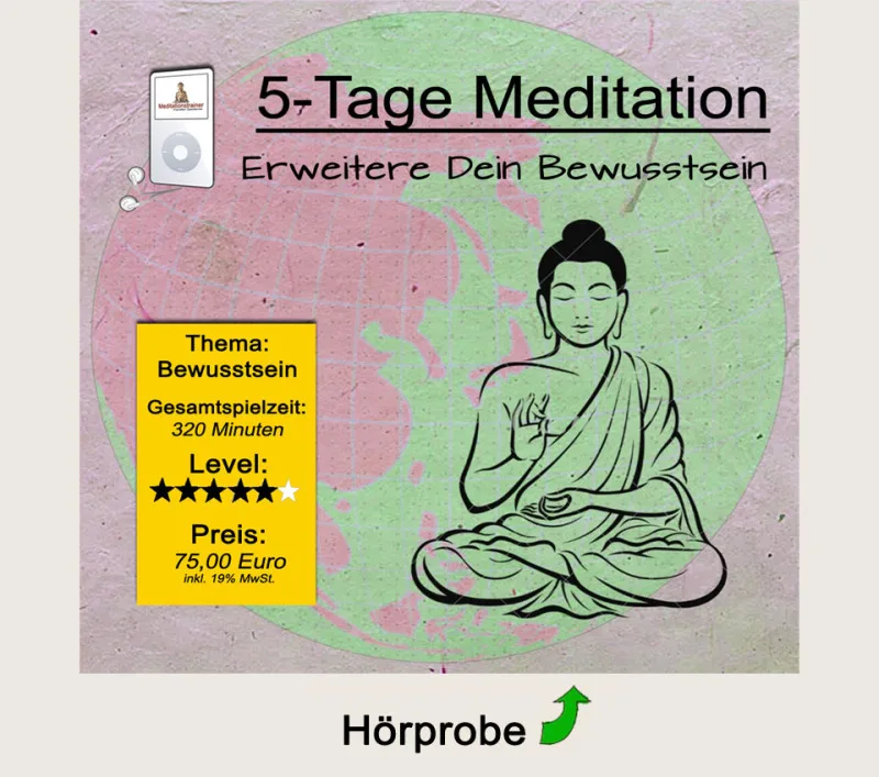 5 Angeleitete Meditationen – Hörübungen zur inneren Ruhe 8 Hörbuchcover 5-Tage Meditation Bewusstsein mit Buddha-Silhouette und Kopfhörer-Symbol