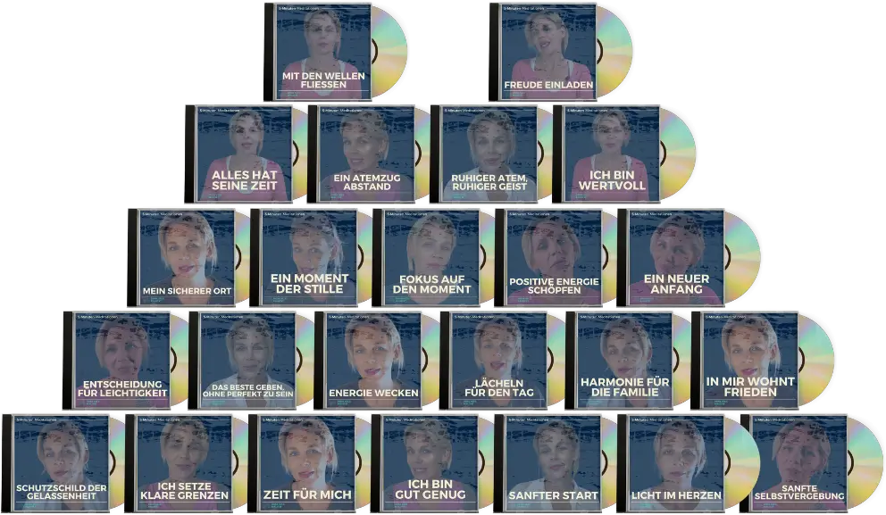 5-Minuten-Morgen-Meditationen – Geführte Audio-Meditationen 1 Mockup von 18 Meditationskursen als CD-Boxen in Pyramidenform, darunter Titel wie „Mit den Wellen fließen