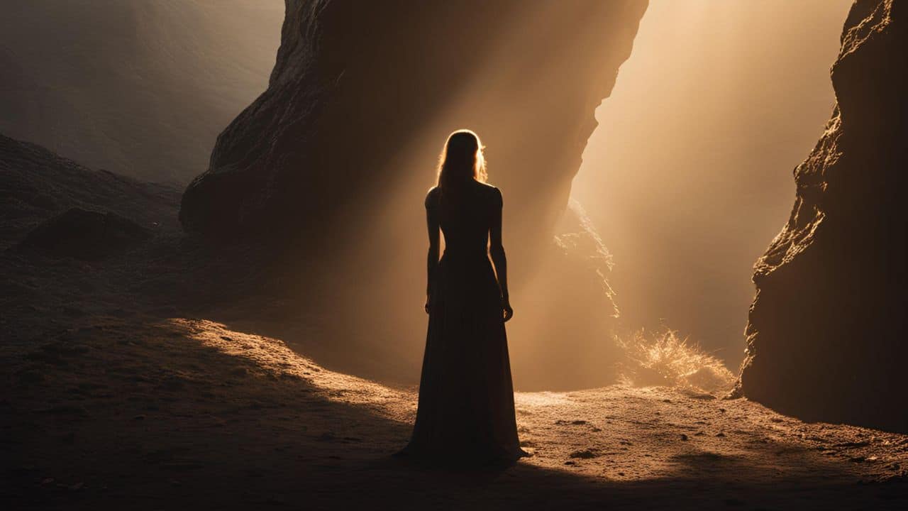 Frau in Höhle vor Licht, Silhouette, warme Lichtstrahlen